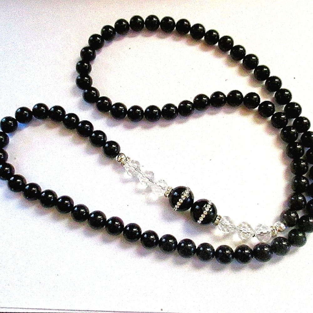 Hand Made Sophisticated Genuine Onyx & Crystal Bead Endless Necklace